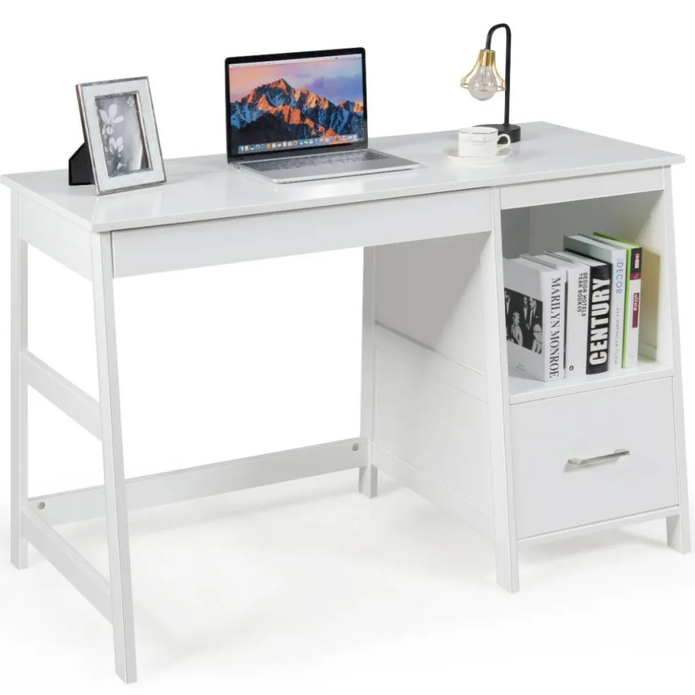 Costway 47.5'' Computer Desk Trestle Desk Writing Study Workstation w/ Shelf & 2 Drawers