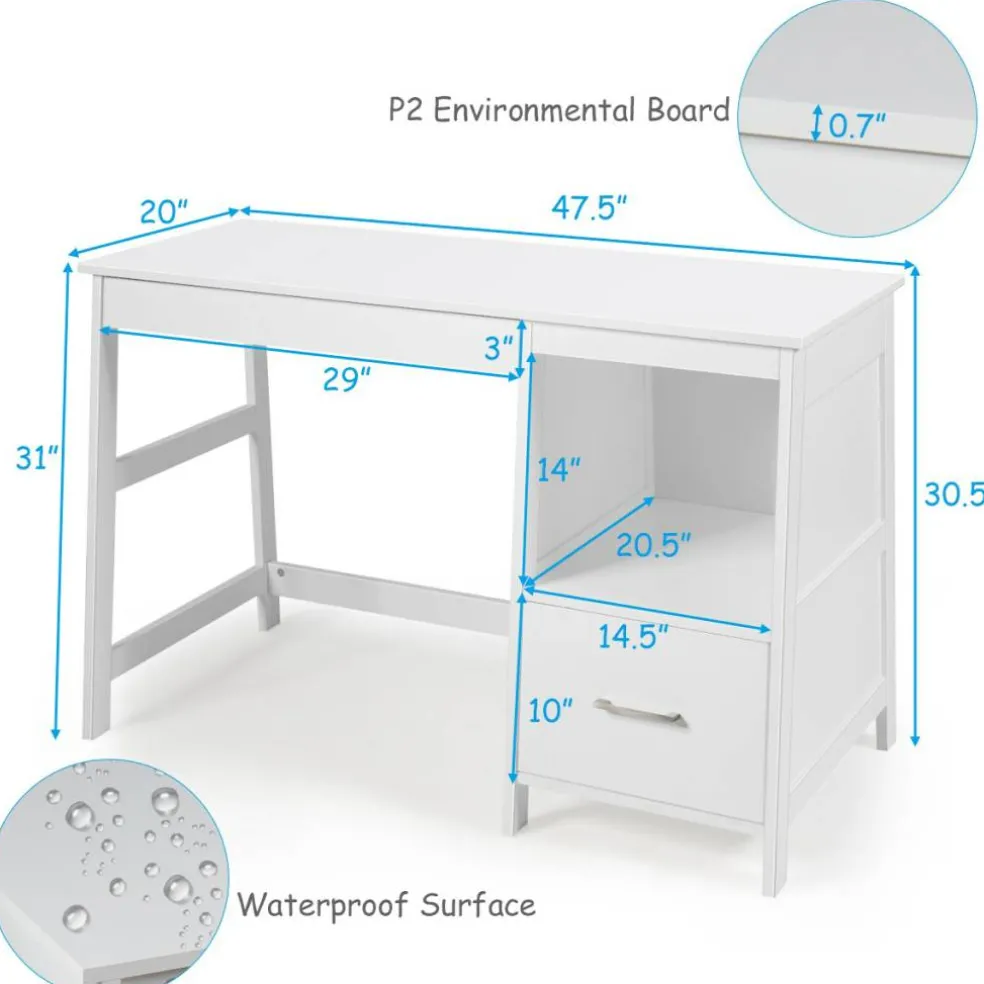 Costway 47.5'' Computer Desk Trestle Desk Writing Study Workstation w/ Shelf & 2 Drawers