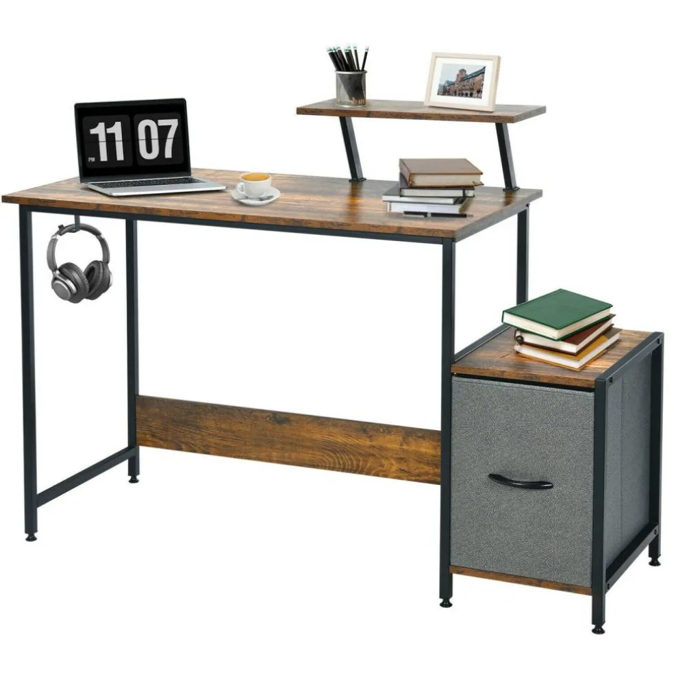 Costway Computer Desk Writing Workstation Home Office w/ Movable Storage Rack & Shelf