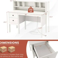 Costway Computer Desk 48" Writing Table w/ Power Outlets 5-Cubby Hutch 2 Storage Drawers