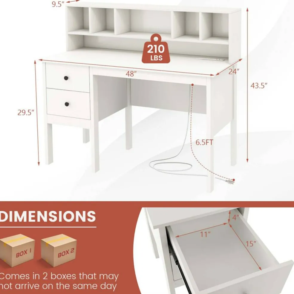 Costway Computer Desk 48" Writing Table w/ Power Outlets 5-Cubby Hutch 2 Storage Drawers