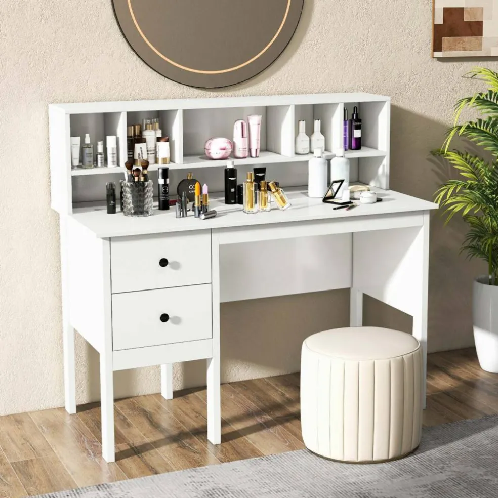 Costway Computer Desk 48" Writing Table w/ Power Outlets 5-Cubby Hutch 2 Storage Drawers