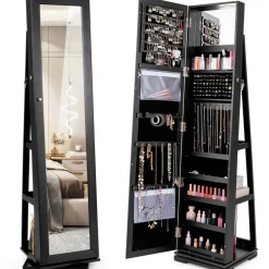 Costway 360degree Rotatable Jewelry Cabinet 2-in-1 Lockable Mirrored Organizer White/Black/Dark Brown/Gray/Blue/Pink/Purple/Dark Gray