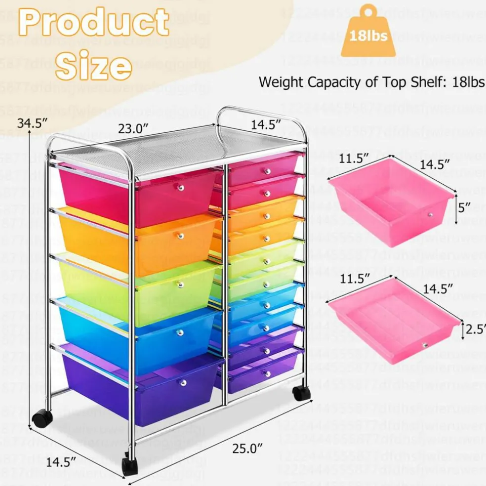 Costway 15 Drawer Art & Craft Rolling Storage Cart Tools Scrapbook Paper Office School Organizer Colorful