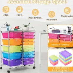 Costway 15 Drawer Art & Craft Rolling Storage Cart Tools Scrapbook Paper Office School Organizer Colorful