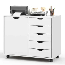 Costway 5-Drawer Chest Rolling Storage Dresser Lateral File Cabinet with Adjustable Shelf