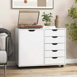 Costway 5-Drawer Chest Rolling Storage Dresser Lateral File Cabinet with Adjustable Shelf