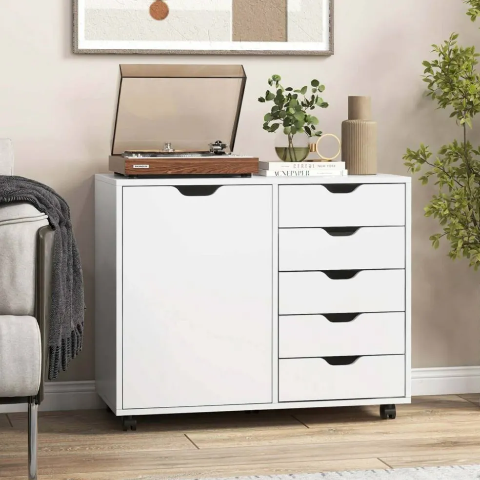 Costway 5-Drawer Chest Rolling Storage Dresser Lateral File Cabinet with Adjustable Shelf