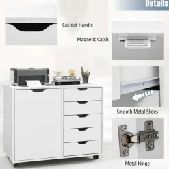 Costway 5-Drawer Chest Rolling Storage Dresser Lateral File Cabinet with Adjustable Shelf