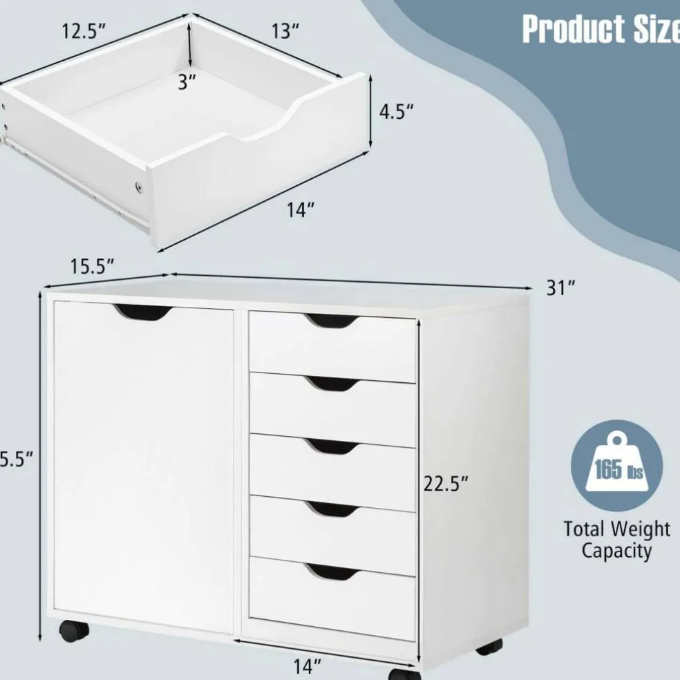 Costway 5-Drawer Chest Rolling Storage Dresser Lateral File Cabinet with Adjustable Shelf
