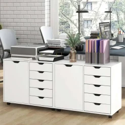 Costway 5-Drawer Chest Rolling Storage Dresser Lateral File Cabinet with Adjustable Shelf