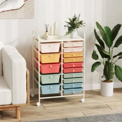 Costway 15 Drawer Rolling Storage Cart Tools Scrapbook Paper Office School Organizer Multicolored/Pink/Grey/Hot Pink/White/Black/Clear/Multicolor/Colorful/Mixed Pink