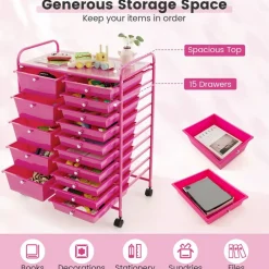 Costway 15 Drawer Rolling Storage Cart Tools Scrapbook Paper Office School Organizer Multicolored/Pink/Grey/Hot Pink/White/Black/Clear/Multicolor/Colorful/Mixed Pink