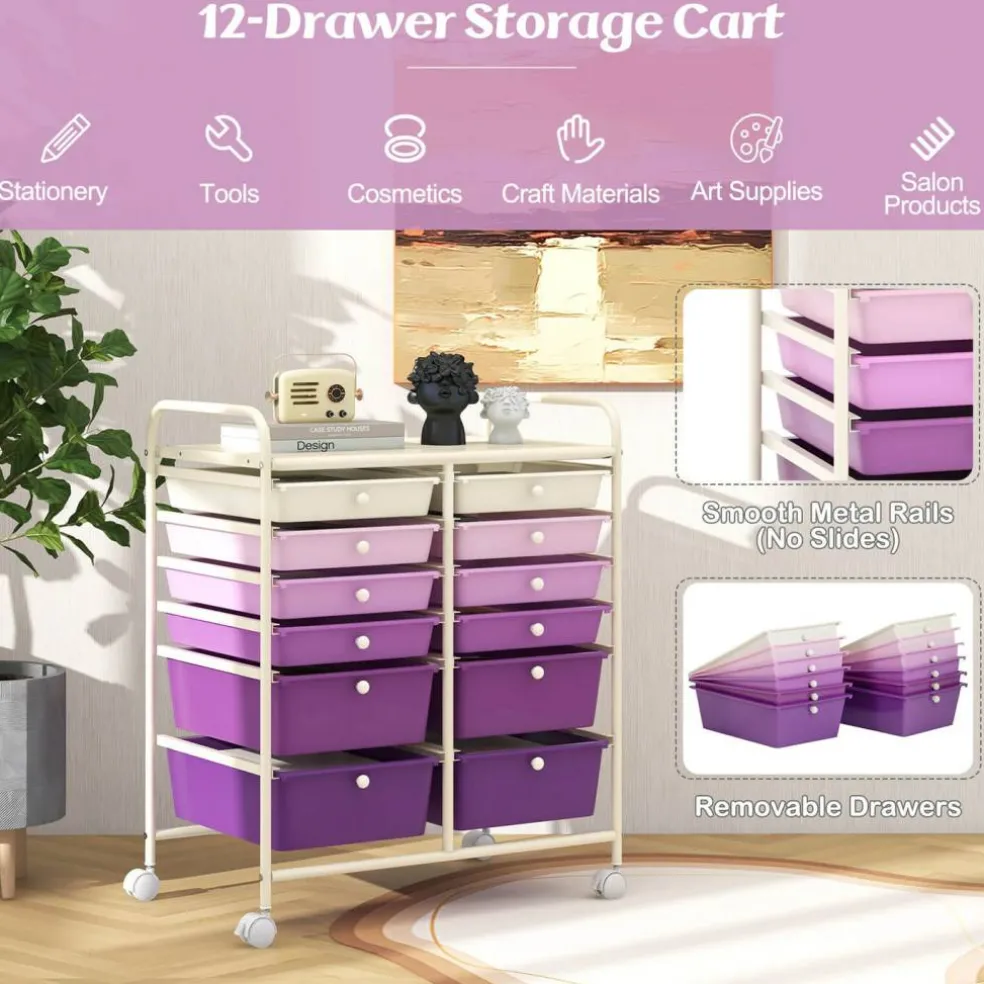 Costway 12 Drawers Rolling Cart Storage Mutlicolor Scrapbook Paper Studio Organizer Bins