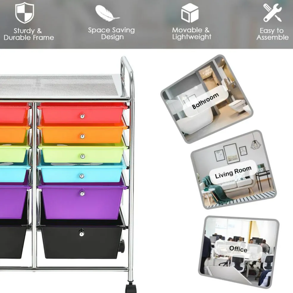 Costway 12 Drawers Rolling Cart Storage Mutlicolor Scrapbook Paper Studio Organizer Bins