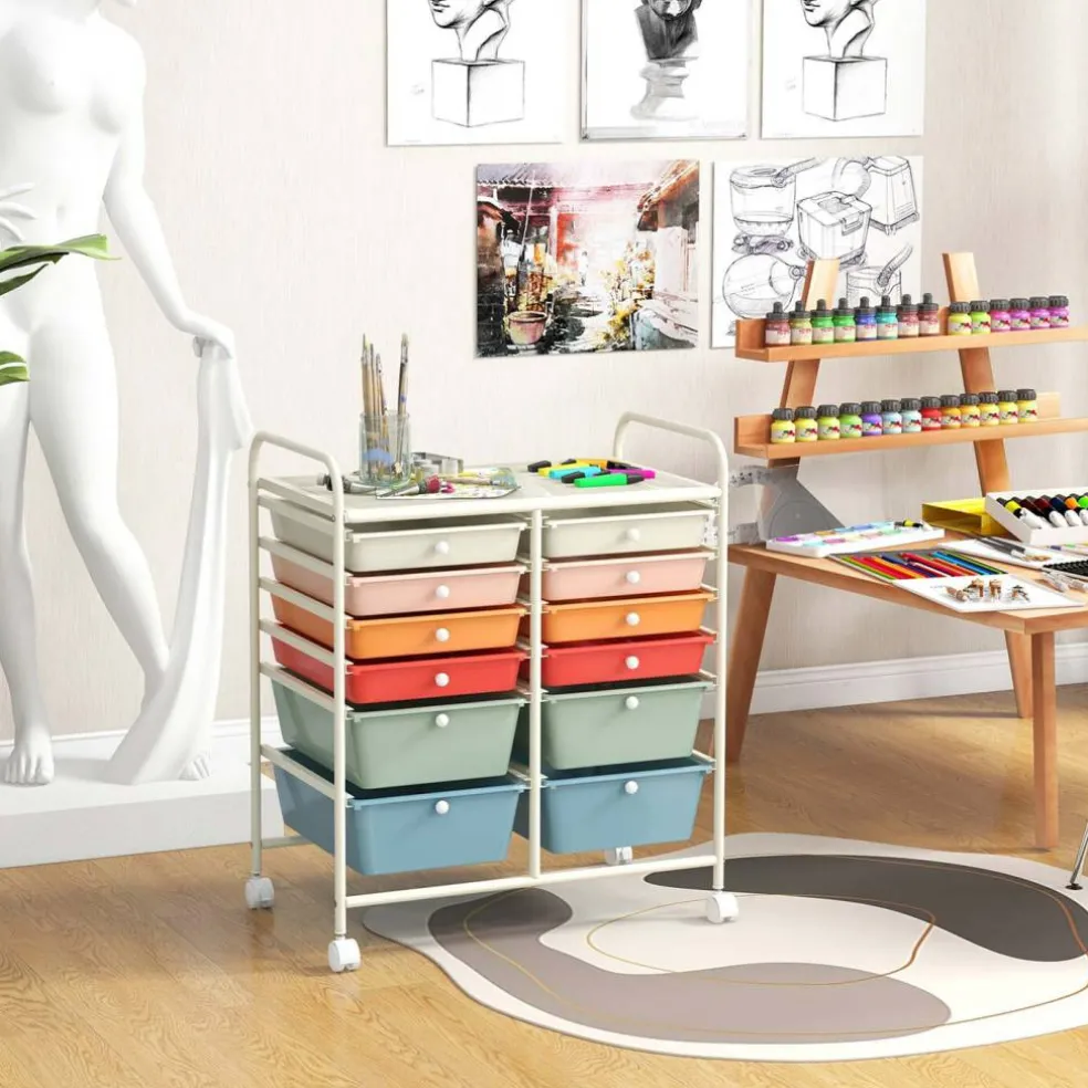 Costway 12 Drawers Rolling Cart Storage Mutlicolor Scrapbook Paper Studio Organizer Bins
