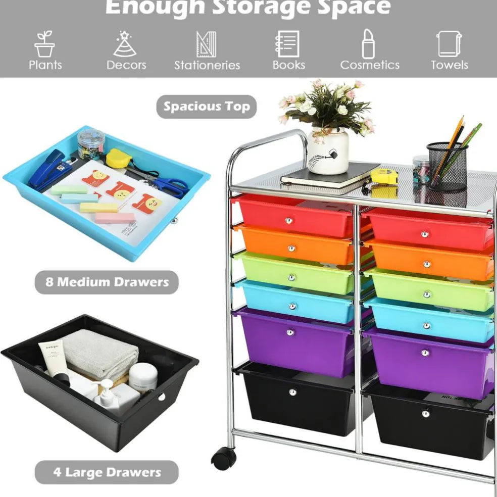 Costway 12 Drawers Rolling Cart Storage Mutlicolor Scrapbook Paper Studio Organizer Bins