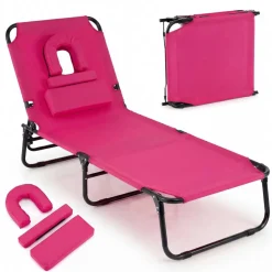 Costway Folding Beach Sun Lounger with Face Hole & Removable Pillows, 4-Position Backrest Blue Stripe/Blue/Turquoise/Sand/Pink/Red/Pink Stripe/Black/Gray