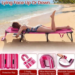 Costway Folding Beach Sun Lounger with Face Hole & Removable Pillows, 4-Position Backrest Blue Stripe/Blue/Turquoise/Sand/Pink/Red/Pink Stripe/Black/Gray