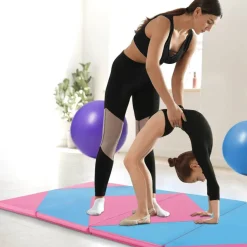 Costway Folding Gymnastics Mat 8' x 4' x 2'' PU Leather Tumbling Exercise Mat Yoga Gym Light Pink+Black/Blue+Black/Pink+Purple/Pink+Black/Pink+Blue/Pink
