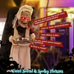Costway 5.2 FT Halloween Animated Standing Greeter Old Lady with Candy Dish & LED Eyes