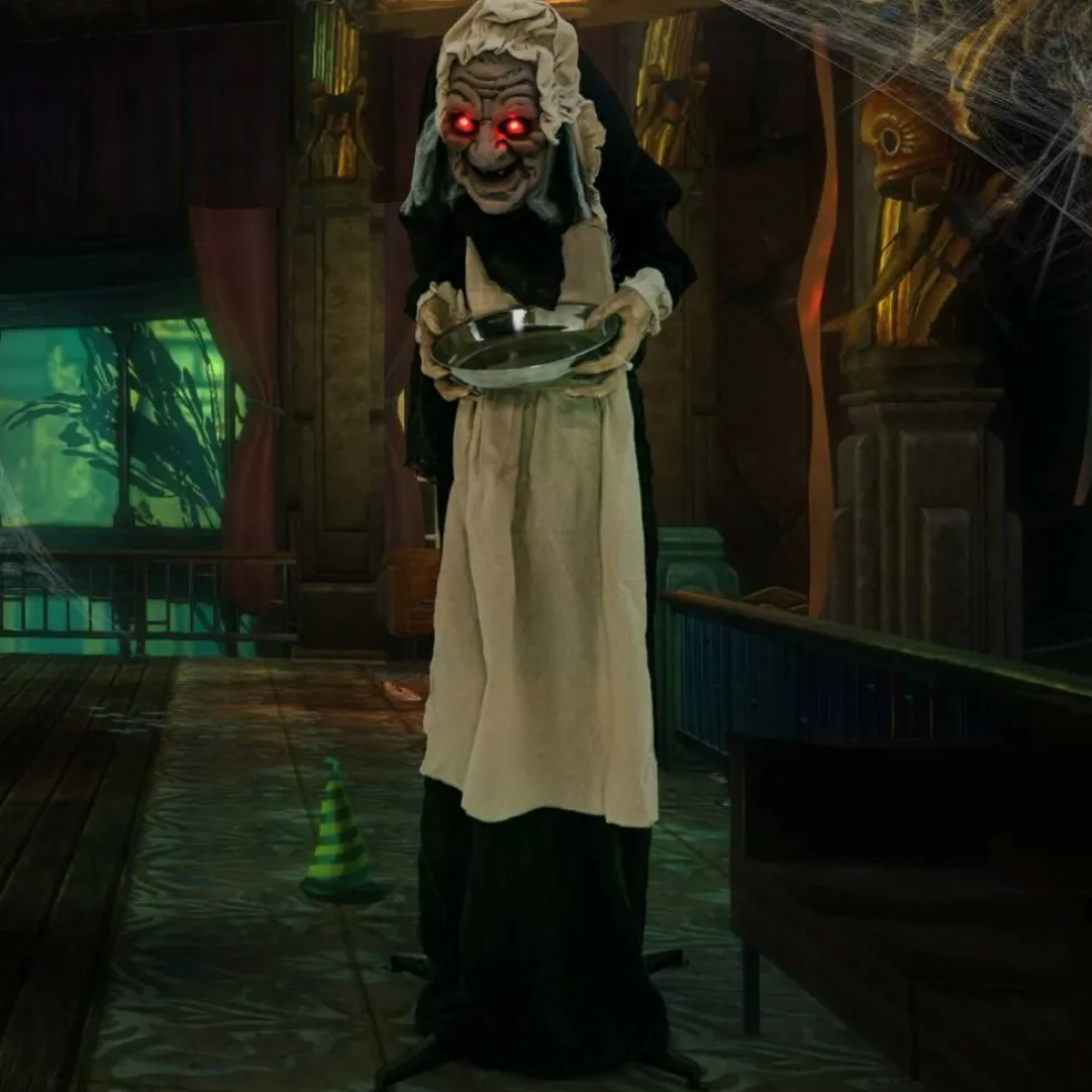 Costway 5.2 FT Halloween Animated Standing Greeter Old Lady with Candy Dish & LED Eyes