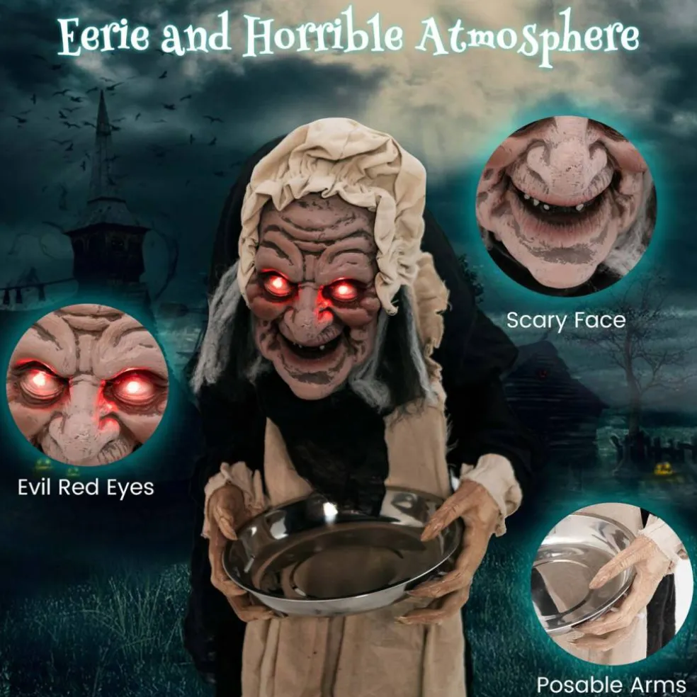 Costway 5.2 FT Halloween Animated Standing Greeter Old Lady with Candy Dish & LED Eyes