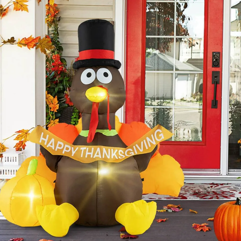 Costway 5 FT Inflatable Turkey Thanksgiving Decoration with Pumpkin Blow up LED Lights