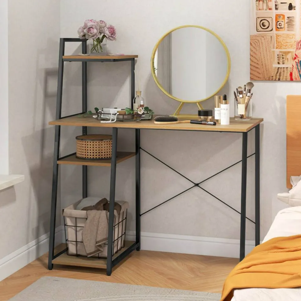 Costway Home Office Desk with Bookshelf Host Stand Metal Frame Study Writing Desk