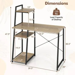 Costway Home Office Desk with Bookshelf Host Stand Metal Frame Study Writing Desk