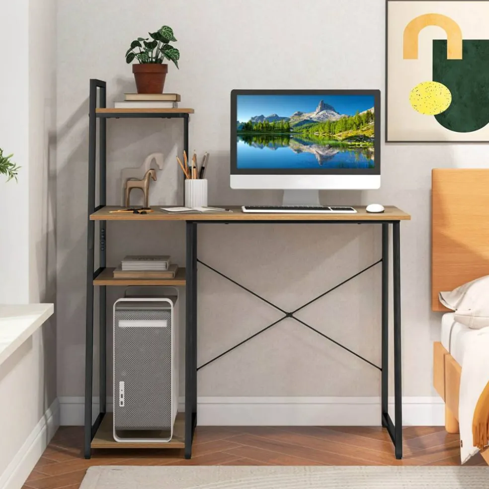 Costway Home Office Desk with Bookshelf Host Stand Metal Frame Study Writing Desk