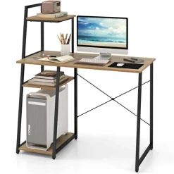 Costway Home Office Desk with Bookshelf Host Stand Metal Frame Study Writing Desk