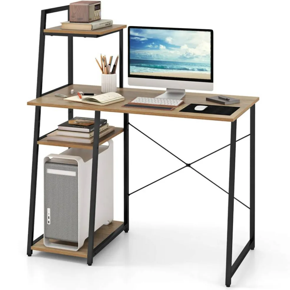 Costway Home Office Desk with Bookshelf Host Stand Metal Frame Study Writing Desk