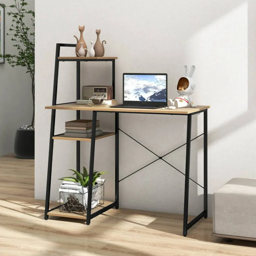 Costway Home Office Desk with Bookshelf Host Stand Metal Frame Study Writing Desk