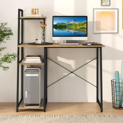 Costway Home Office Desk with Bookshelf Host Stand Metal Frame Study Writing Desk