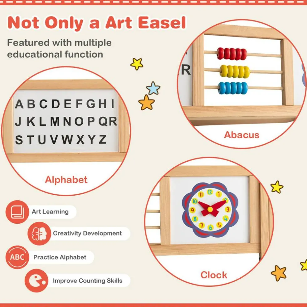 Costway 3-in-1 Wooden Art Easel for Kids Double Sided Easel with Drawing Paper Roll