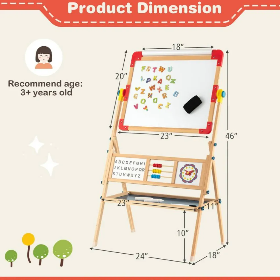 Costway 3-in-1 Wooden Art Easel for Kids Double Sided Easel with Drawing Paper Roll