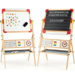 Costway 3-in-1 Wooden Art Easel for Kids Double Sided Easel with Drawing Paper Roll