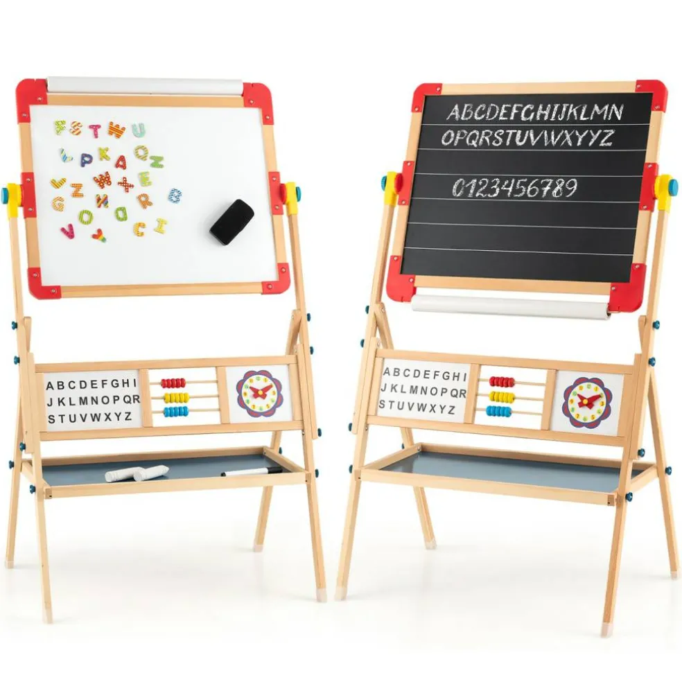 Costway 3-in-1 Wooden Art Easel for Kids Double Sided Easel with Drawing Paper Roll