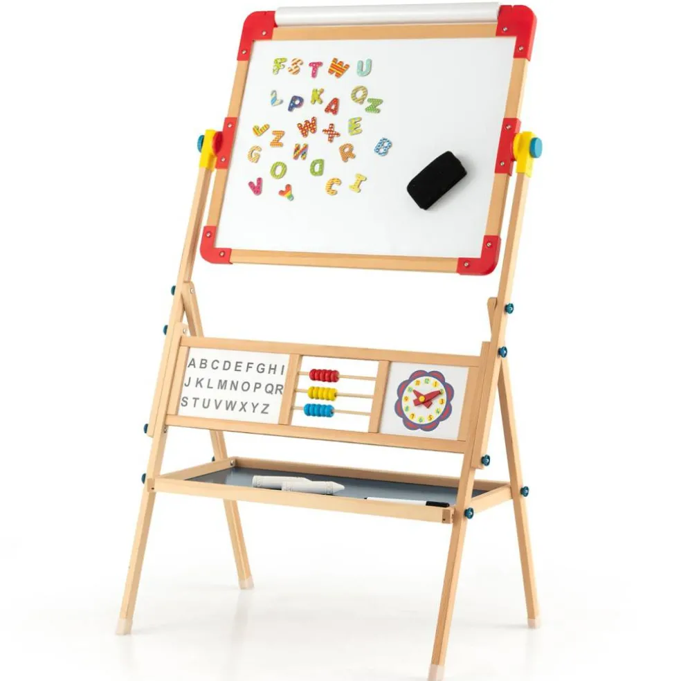 Costway 3-in-1 Wooden Art Easel for Kids Double Sided Easel with Drawing Paper Roll