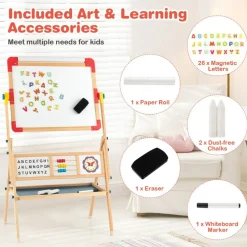 Costway 3-in-1 Wooden Art Easel for Kids Double Sided Easel with Drawing Paper Roll
