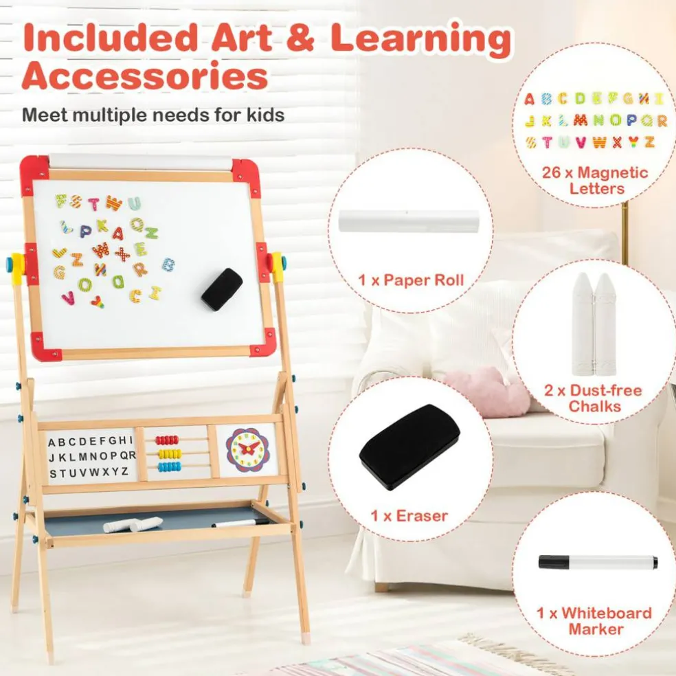 Costway 3-in-1 Wooden Art Easel for Kids Double Sided Easel with Drawing Paper Roll