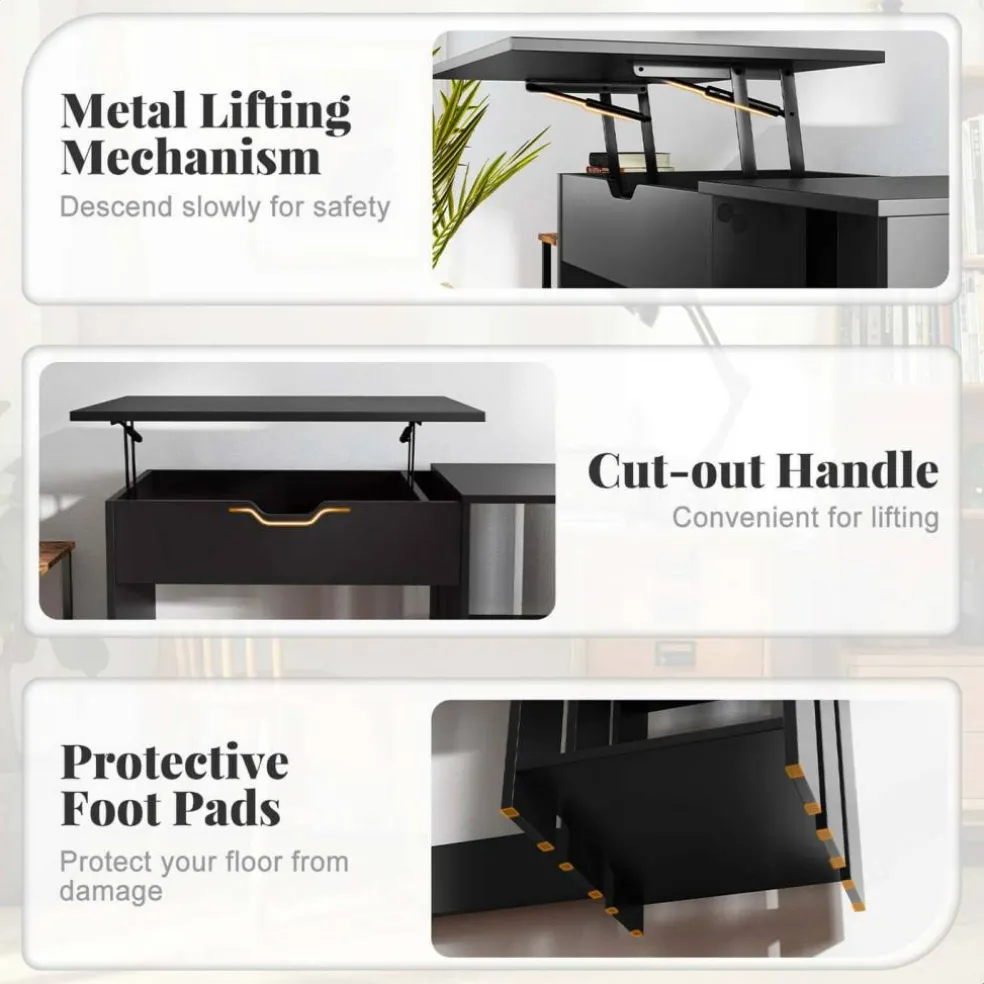 Costway Lift Top Computer Desk Standing Desk with Hidden Compartments & Storage Shelves