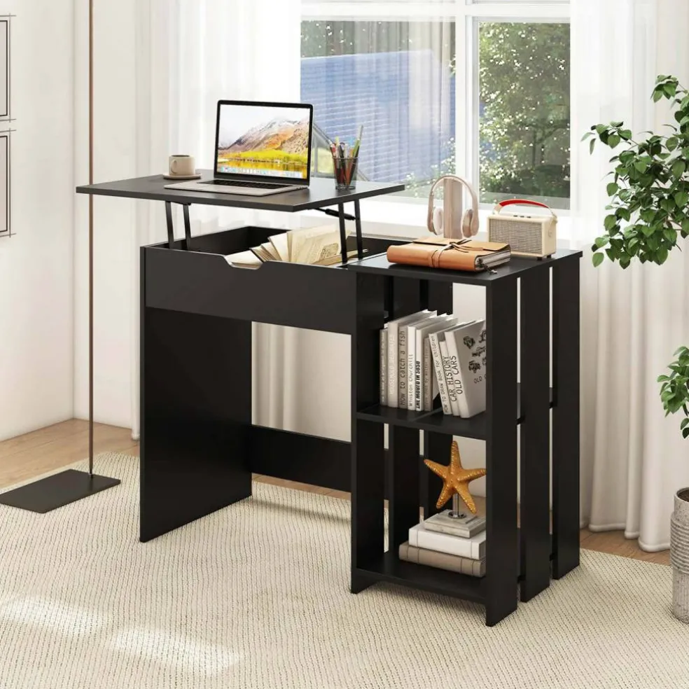 Costway Lift Top Computer Desk Standing Desk with Hidden Compartments & Storage Shelves