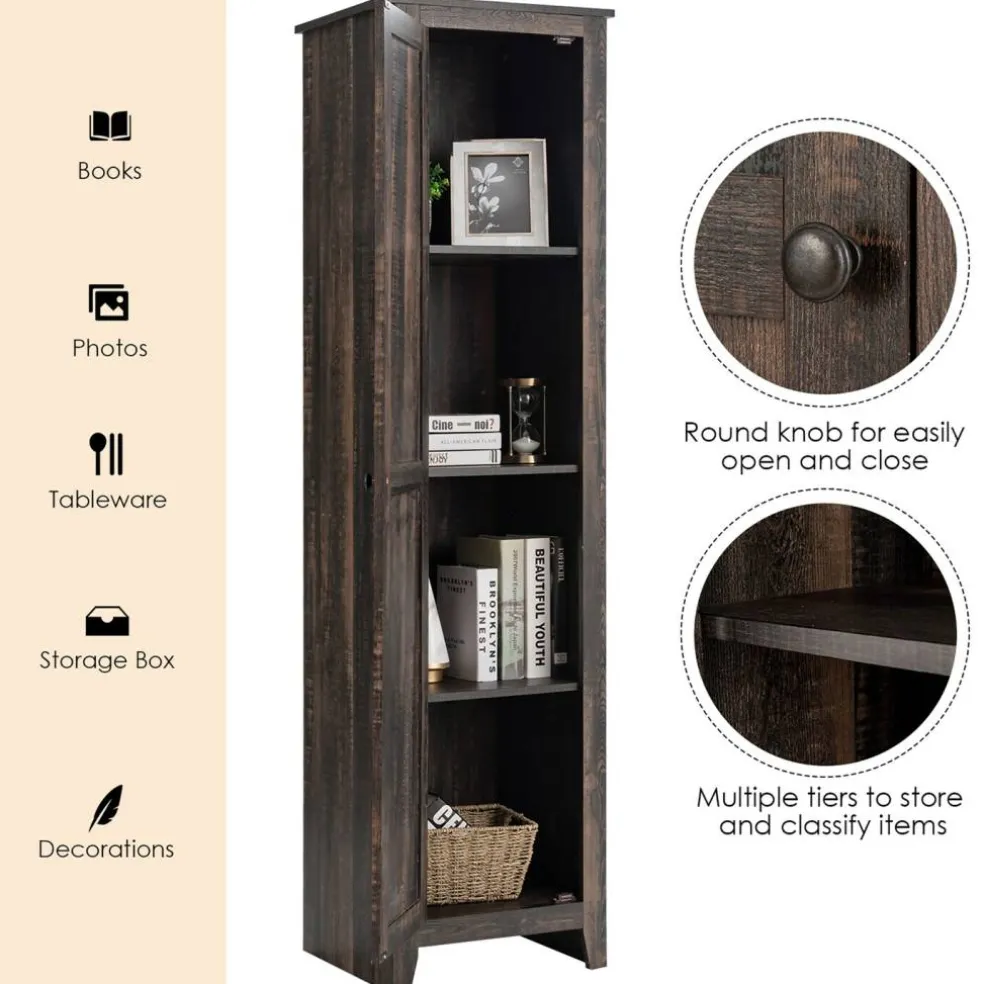 Costway Linen Tower Bathroom Storage Cabinet Tall Slim Side Organizer w/ Shelf White BlackWalnut
