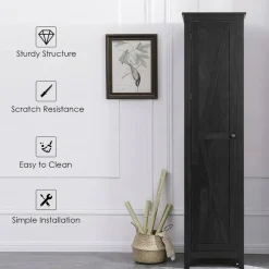 Costway Linen Tower Bathroom Storage Cabinet Tall Slim Side Organizer w/ Shelf White BlackWalnut