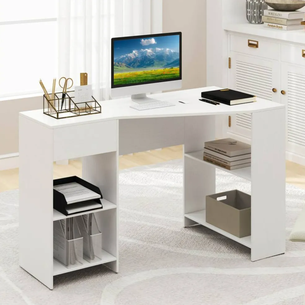 Costway L Shaped Computer Desk with Drawer & Storage Shelves for Home Office Workstation