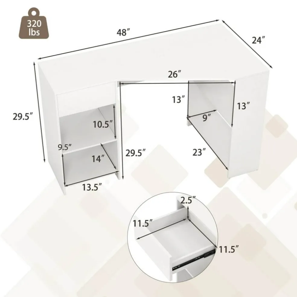 Costway L Shaped Computer Desk with Drawer & Storage Shelves for Home Office Workstation