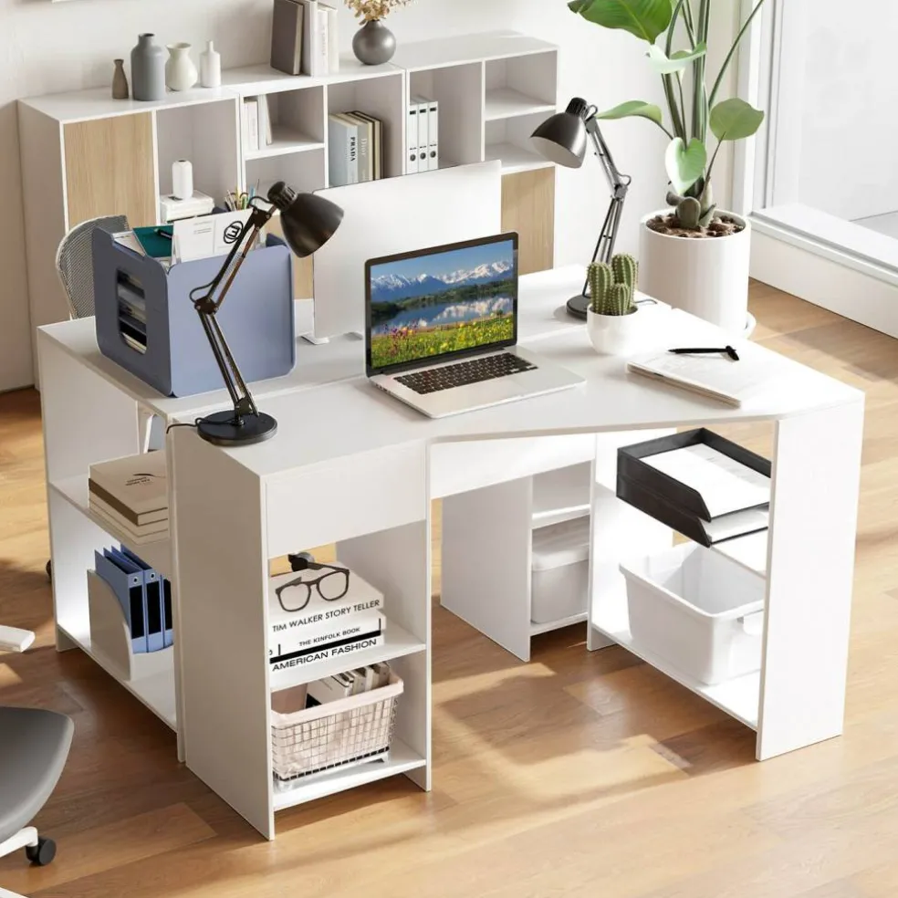 Costway L Shaped Computer Desk with Drawer & Storage Shelves for Home Office Workstation