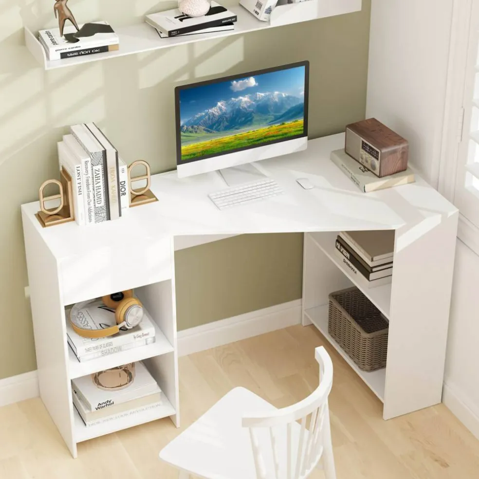 Costway L Shaped Computer Desk with Drawer & Storage Shelves for Home Office Workstation